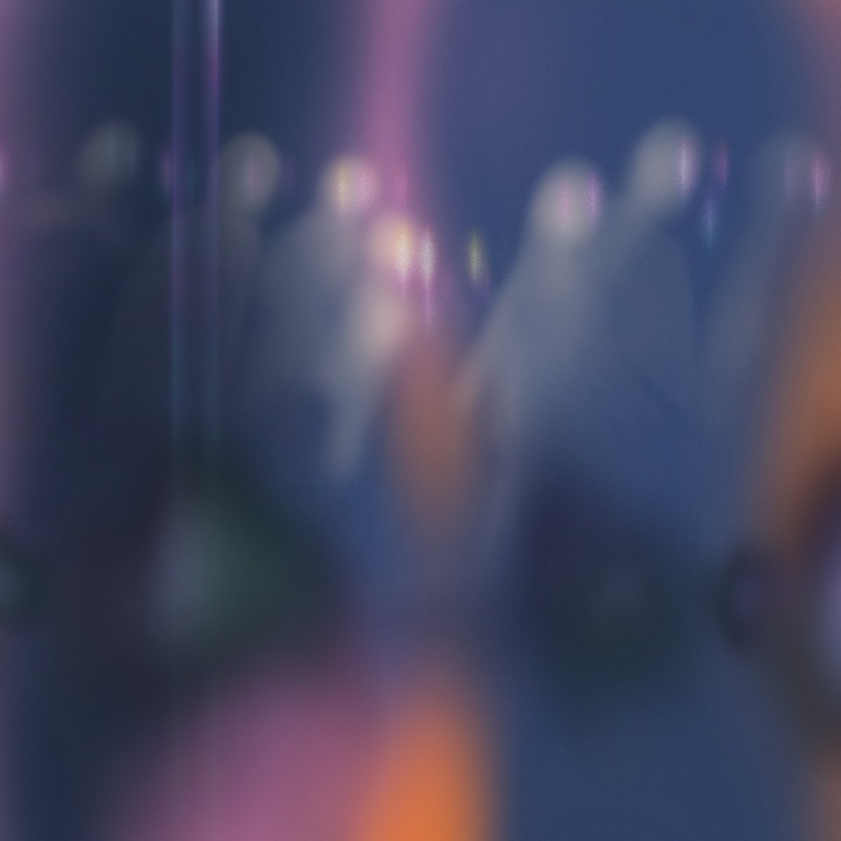 Glass Walls — single cover art: blurred figures seen through a pane of glass, navy light, a magenta haze, an orange glow low in the frame